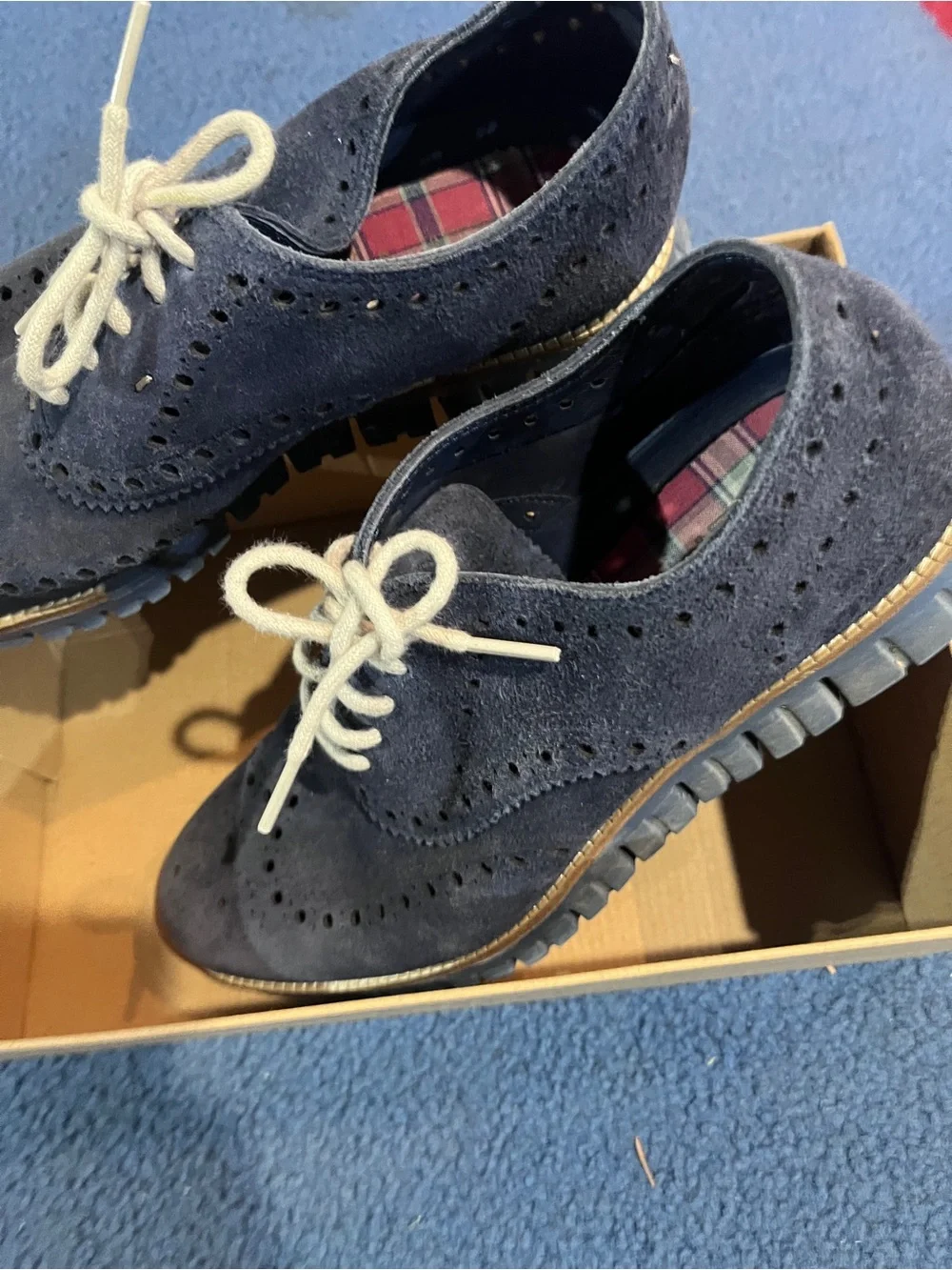Cole Haan Navy Suede Wingtip Oxfords with Cream Laces